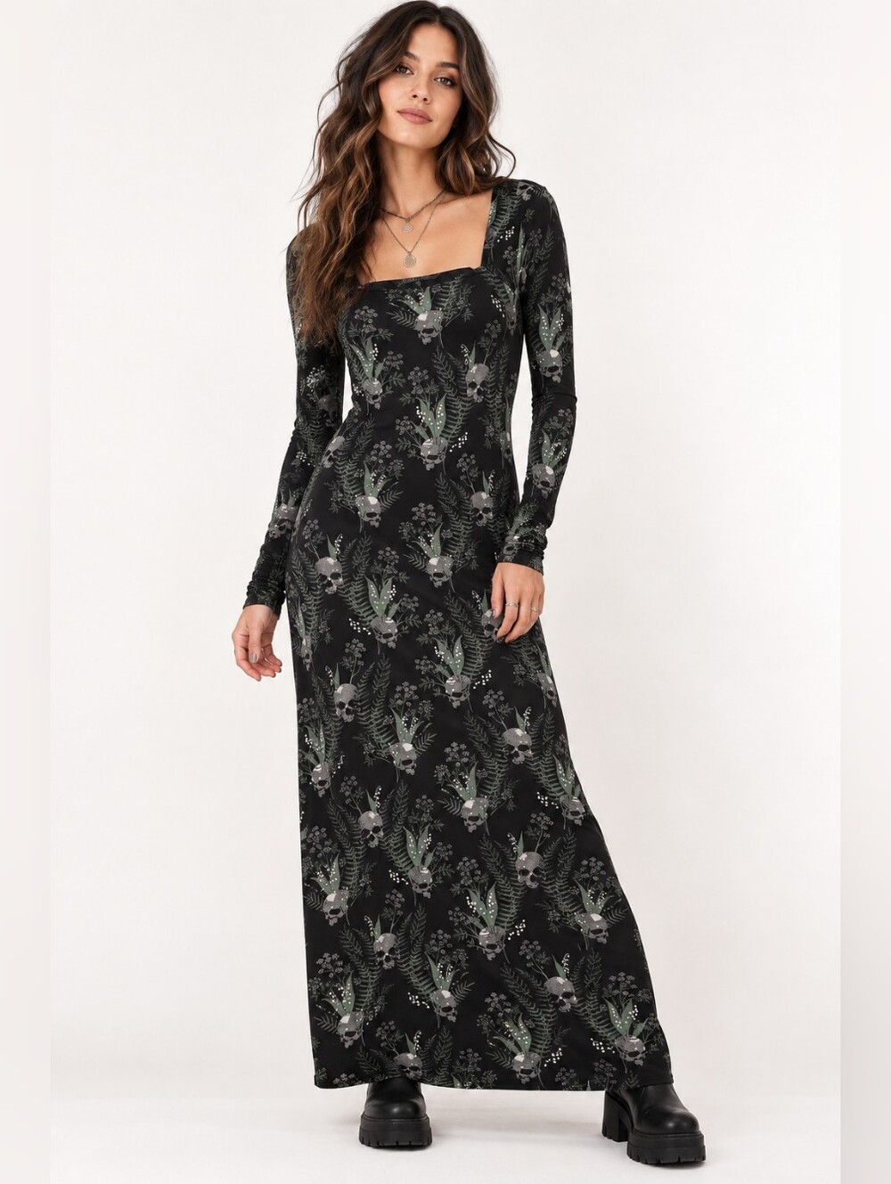 KILLSTAR Black Skull Botanical Floral Long Sleeve Goth Maxi Dress S